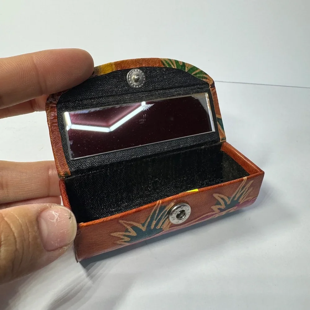 Vintage Genuine Leather Lipstick Case Mirror Embossed Elephant Palm‎ Made India